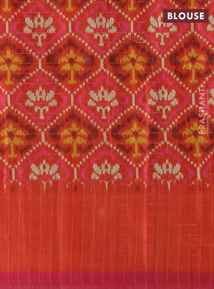 Semi tussar saree pink and orange with plain body and temple design zari checked border