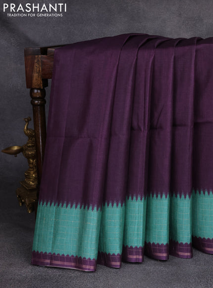 Semi tussar saree deep wine and teal green with plain body and temple design zari checked border