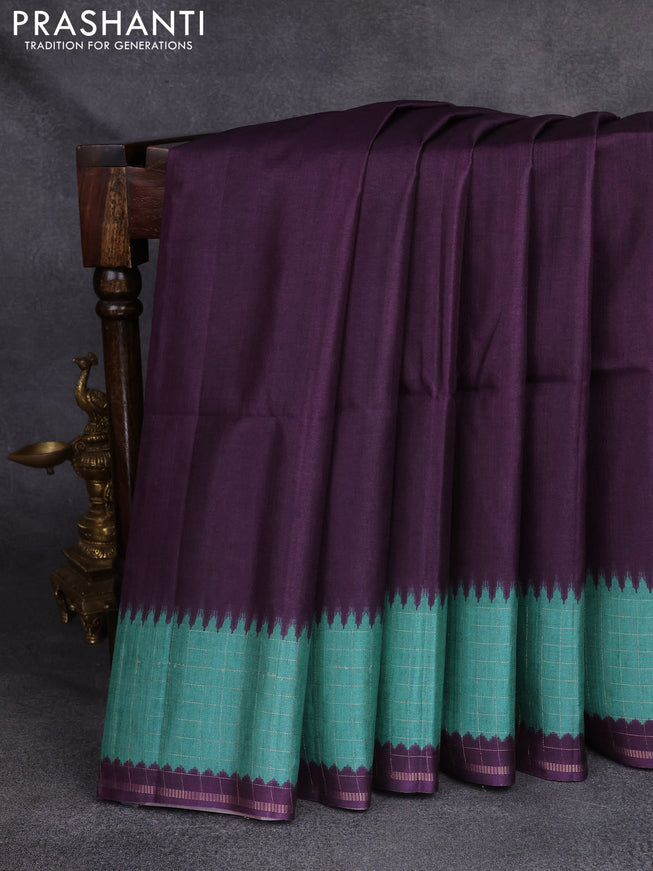 Semi tussar saree deep wine and teal green with plain body and temple design zari checked border