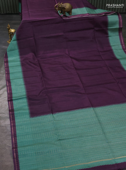 Semi tussar saree deep wine and teal green with plain body and temple design zari checked border