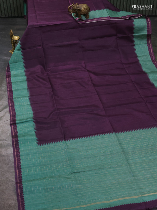 Semi tussar saree deep wine and teal green with plain body and temple design zari checked border