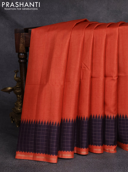 Semi tussar saree orange and deep jamun with plain body and temple design zari checked border