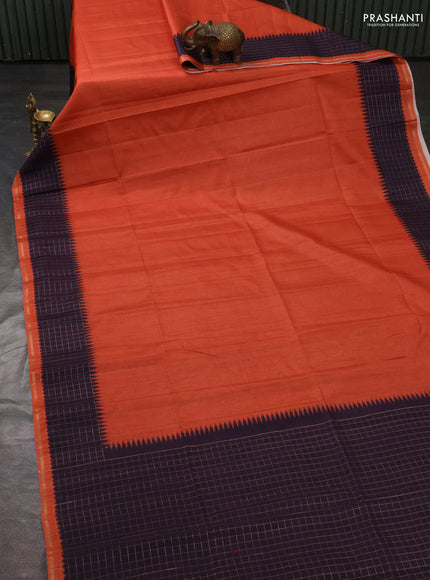 Semi tussar saree orange and deep jamun with plain body and temple design zari checked border