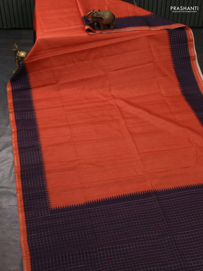 Semi tussar saree orange and deep jamun with plain body and temple design zari checked border