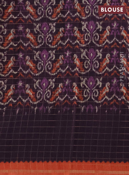 Semi tussar saree orange and deep jamun with plain body and temple design zari checked border