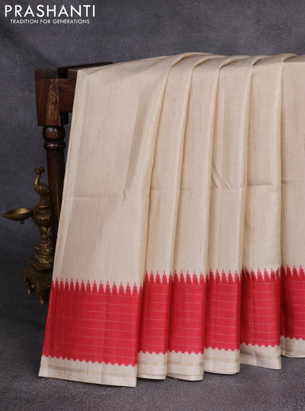 Semi tussar saree cream and red with plain body and temple design zari checked border