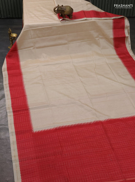 Semi tussar saree cream and red with plain body and temple design zari checked border
