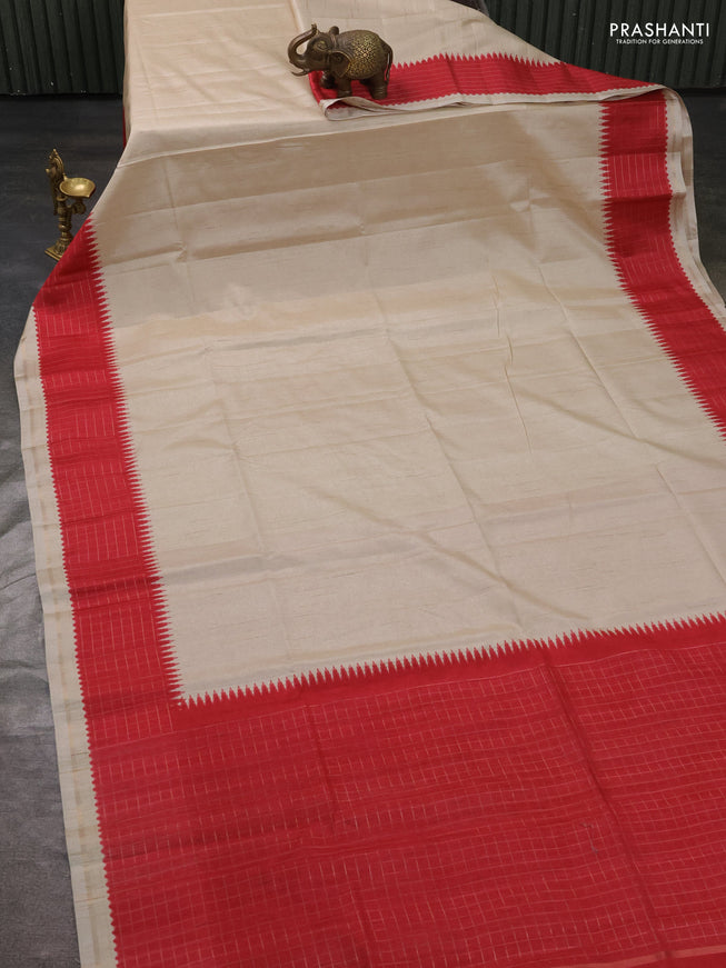 Semi tussar saree cream and red with plain body and temple design zari checked border