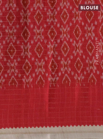 Semi tussar saree cream and red with plain body and temple design zari checked border