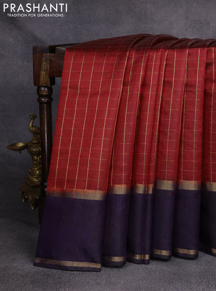 Pure dupion silk saree red and deep jamun with allover zari checked pattern and zari woven butta border