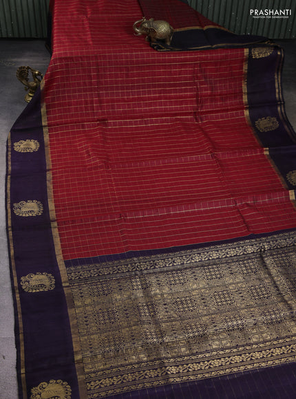 Pure dupion silk saree red and deep jamun with allover zari checked pattern and zari woven butta border