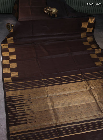 Pure dupion silk saree brown with plain body and zari woven box type butta border
