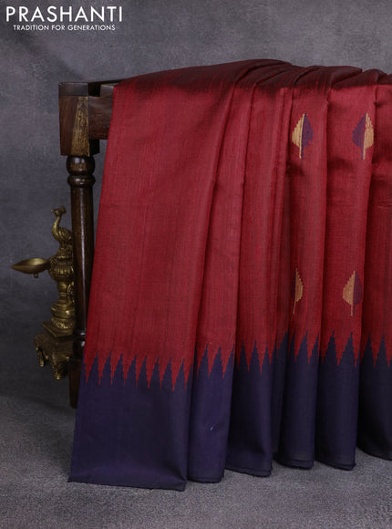 Pure dupion silk saree red and navy blue with thread & zari woven leaf buttas and temple woven border
