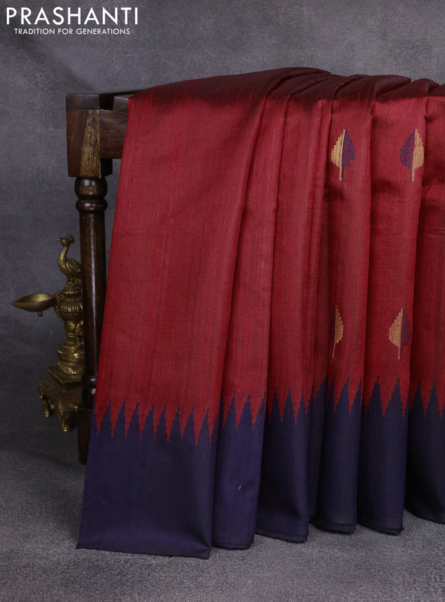 Pure dupion silk saree red and navy blue with thread & zari woven leaf buttas and temple woven border