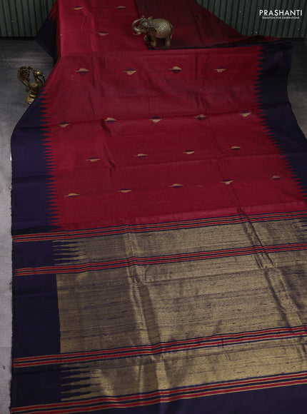 Pure dupion silk saree red and navy blue with thread & zari woven leaf buttas and temple woven border