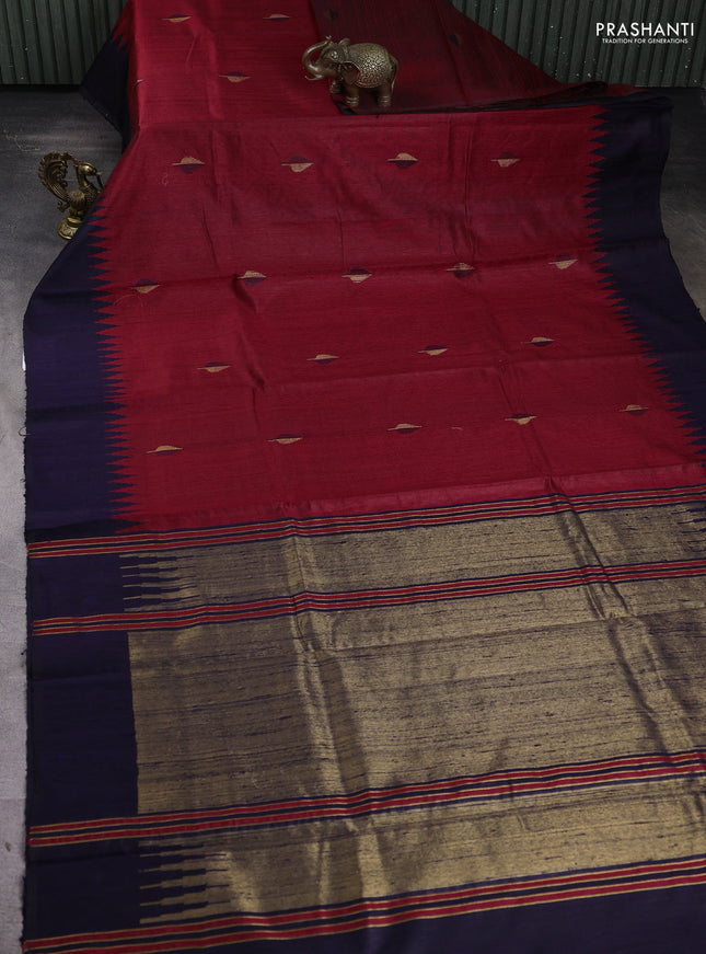 Pure dupion silk saree red and navy blue with thread & zari woven leaf buttas and temple woven border