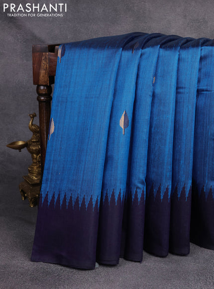 Pure dupion silk saree cs blue and navy blue with thread & zari woven leaf buttas and temple woven border