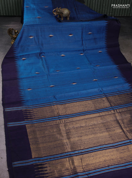 Pure dupion silk saree cs blue and navy blue with thread & zari woven leaf buttas and temple woven border