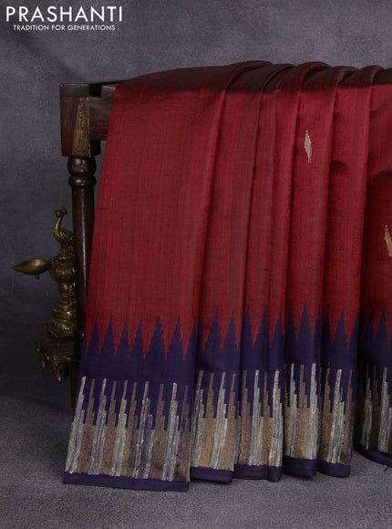 Pure dupion silk saree maroon and blue with woven buttas and temple woven border