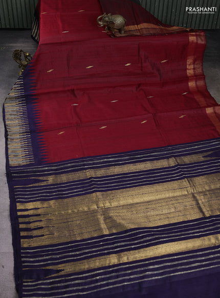Pure dupion silk saree maroon and blue with woven buttas and temple woven border