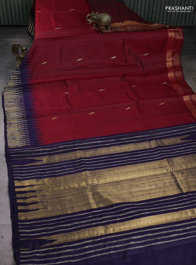 Pure dupion silk saree maroon and blue with woven buttas and temple woven border