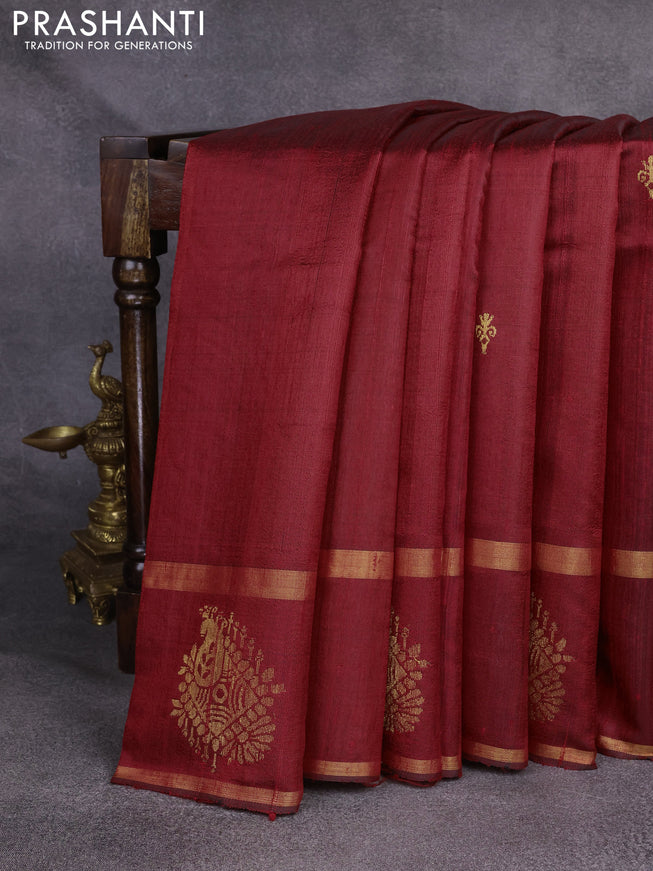 Pure dupion silk saree maroon with zari woven buttas and zari woven butta border