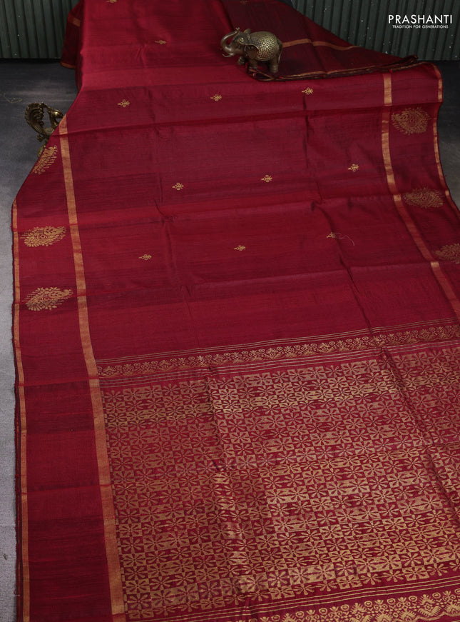 Pure dupion silk saree maroon with zari woven buttas and zari woven butta border