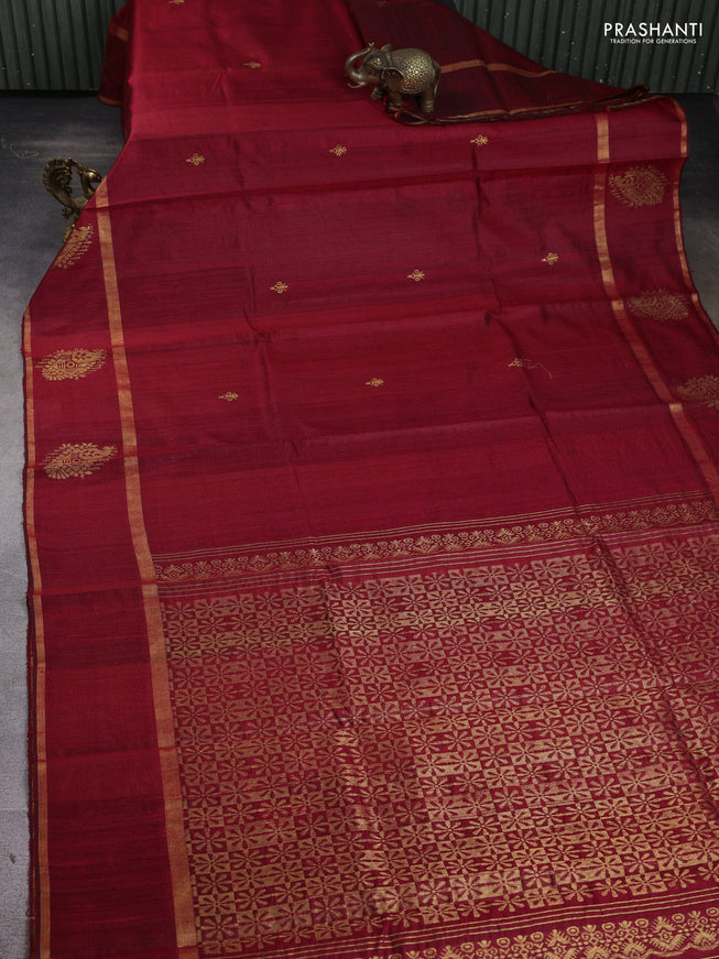 Pure dupion silk saree maroon with zari woven buttas and zari woven butta border
