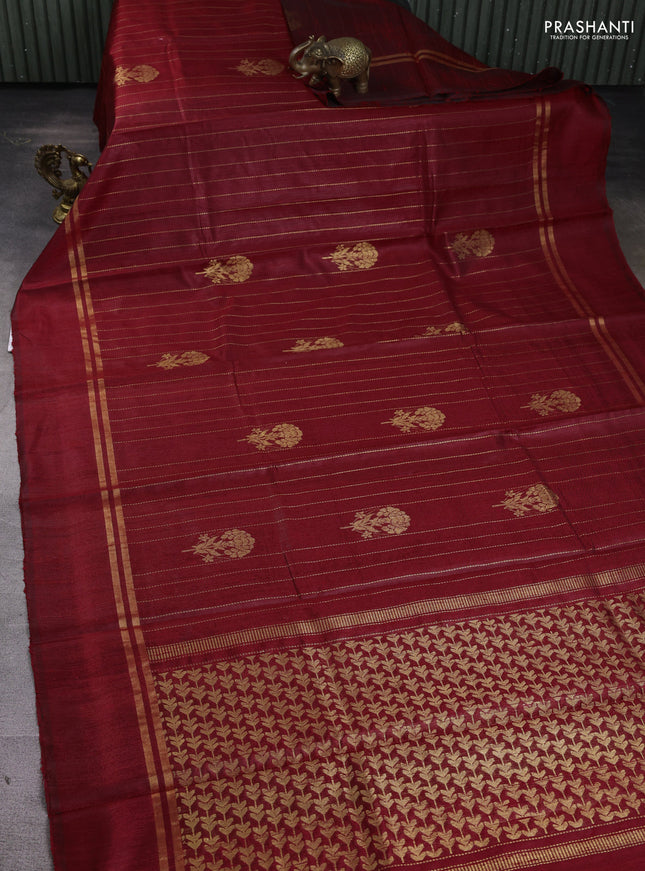 Pure dupion silk saree maroon with allover zari weaves & buttas and zari woven simple border