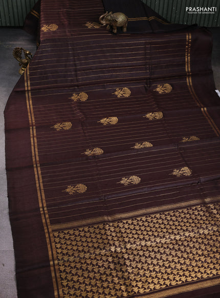 Pure dupion silk saree coffee brown with allover zari weaves & buttas and zari woven simple border