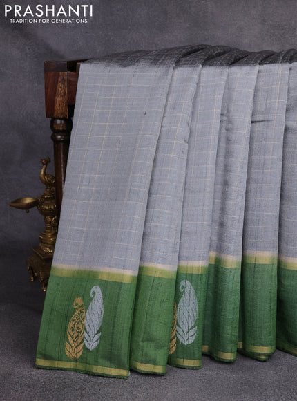 Pure dupion silk saree grey and sap green with allover zari checked pattern and zari woven butta border