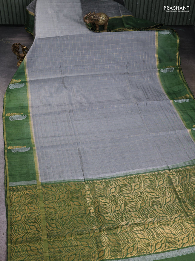 Pure dupion silk saree grey and sap green with allover zari checked pattern and zari woven butta border