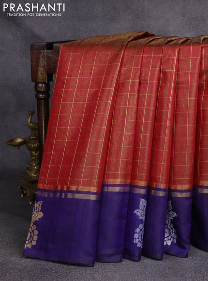 Pure dupion silk saree red and blue with allover zari checked pattern and zari woven butta border
