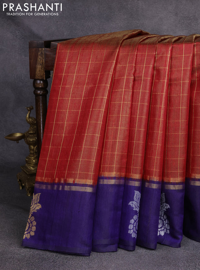Pure dupion silk saree red and blue with allover zari checked pattern and zari woven butta border