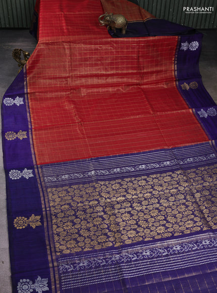 Pure dupion silk saree red and blue with allover zari checked pattern and zari woven butta border