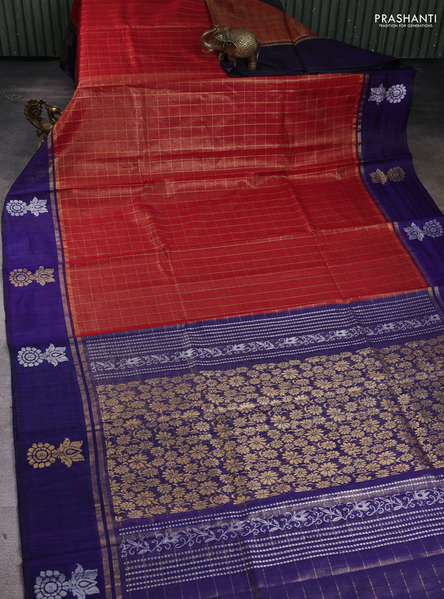Pure dupion silk saree red and blue with allover zari checked pattern and zari woven butta border