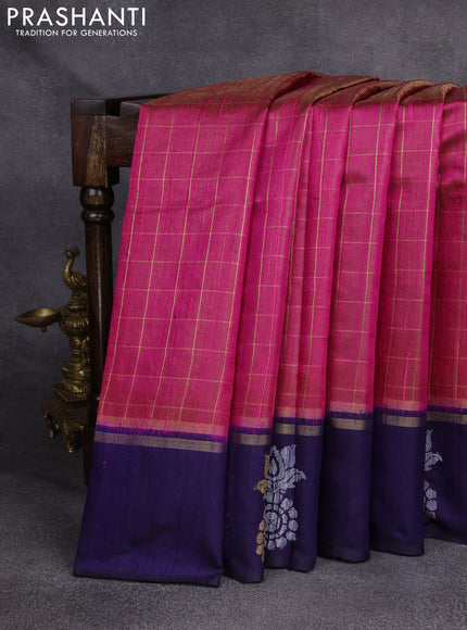 Pure dupion silk saree pink and blue with allover zari checked pattern and zari woven butta border