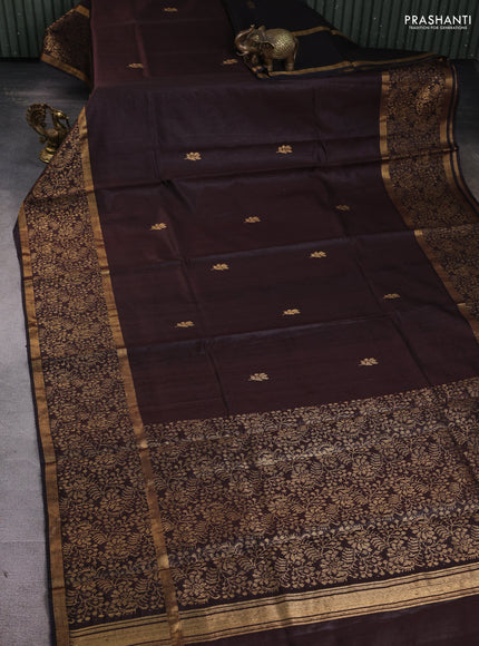 Pure dupion silk saree brown with zari woven buttas and rich zari woven border