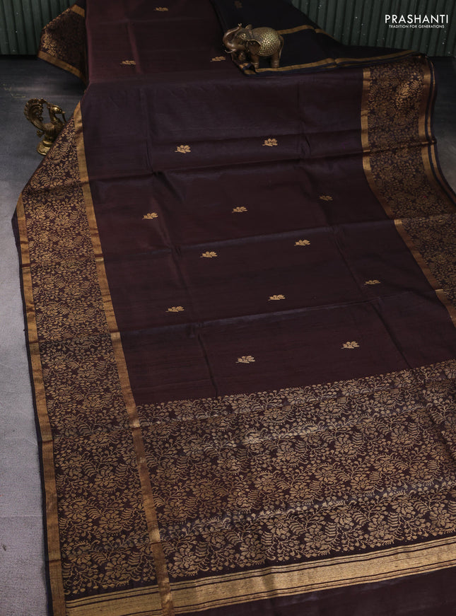 Pure dupion silk saree brown with zari woven buttas and rich zari woven border