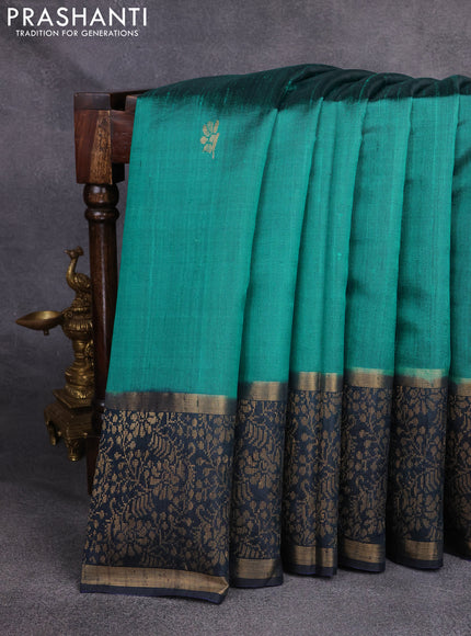 Pure dupion silk saree teal green and black with zari woven buttas and rich zari woven border