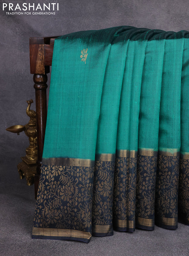 Pure dupion silk saree teal green and black with zari woven buttas and rich zari woven border