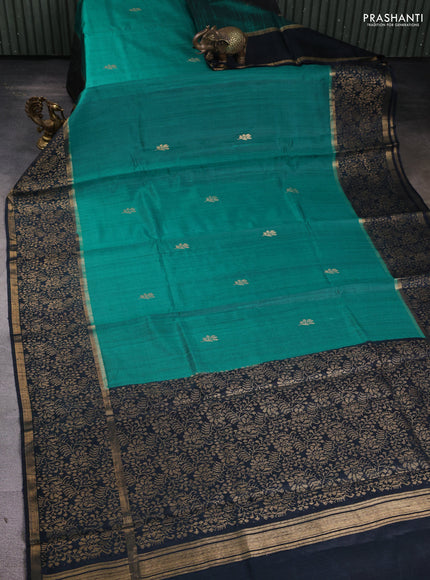 Pure dupion silk saree teal green and black with zari woven buttas and rich zari woven border