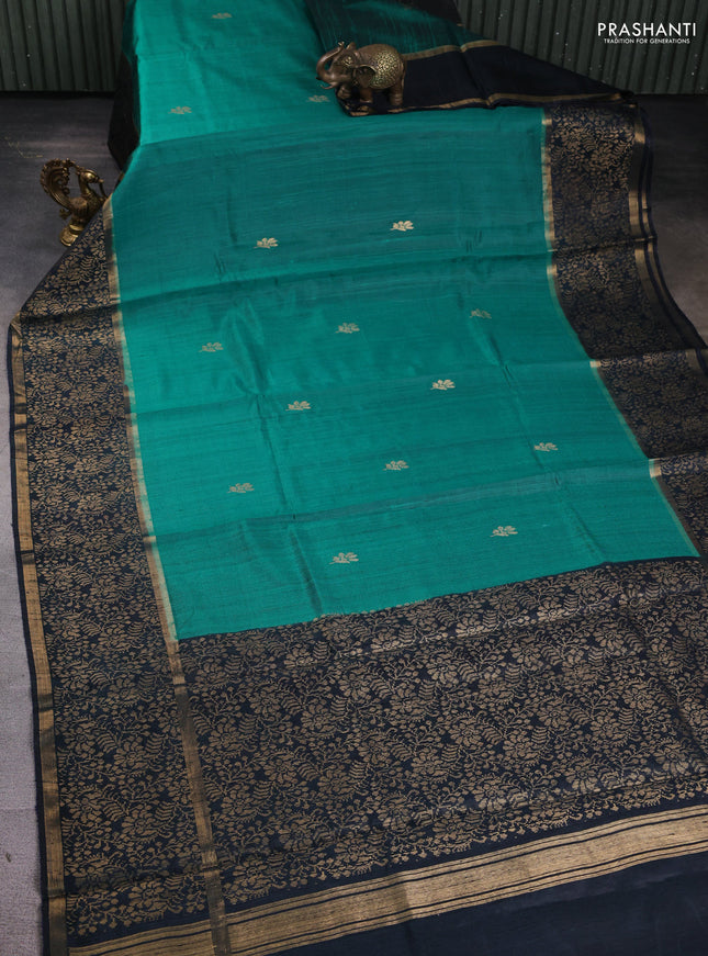 Pure dupion silk saree teal green and black with zari woven buttas and rich zari woven border