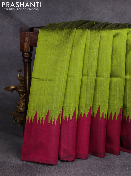 Pure dupion silk saree light green and magenta pink with plain body and temple woven border