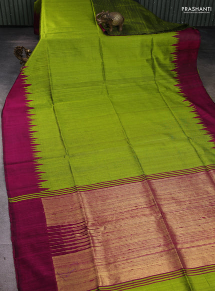 Pure dupion silk saree light green and magenta pink with plain body and temple woven border