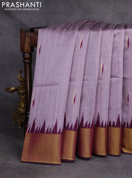 Pure dupion silk saree pastel lavender and purple with thread & zari woven buttas and temple design zari woven border