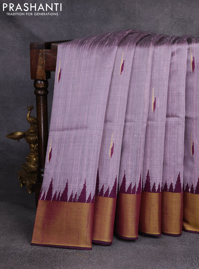 Pure dupion silk saree pastel lavender and purple with thread & zari woven buttas and temple design zari woven border