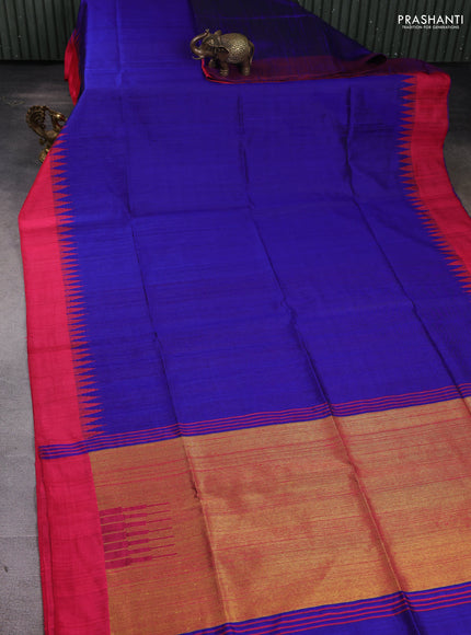 Pure dupion silk saree blue and pink with plain body and temple woven border