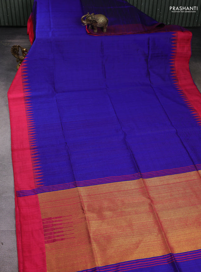 Pure dupion silk saree blue and pink with plain body and temple woven border