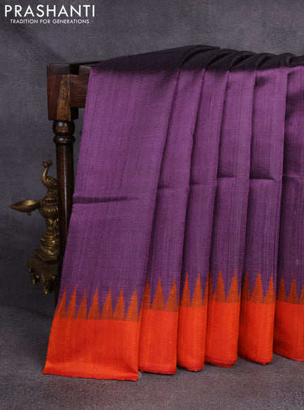 Pure dupion silk saree lavender and orange with plain body and temple woven border